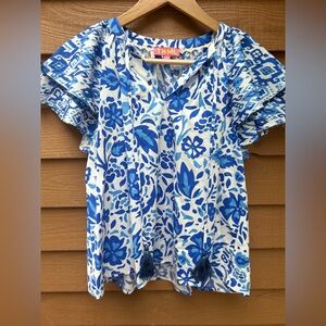 THML Blue and White Ruffled Short Sleeve Blouse